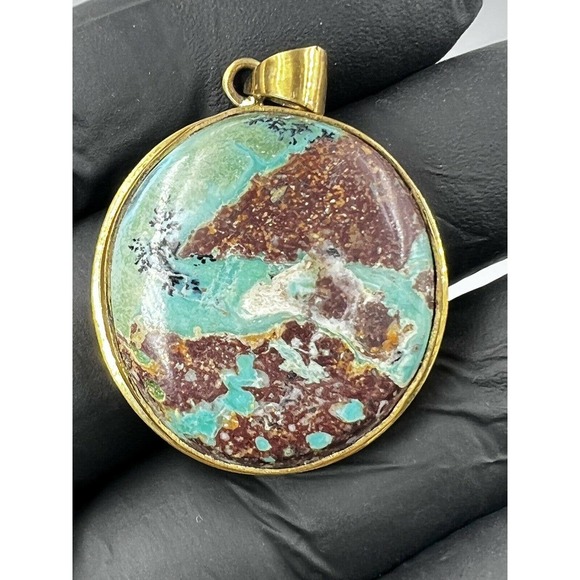 Natural Persian Turquoise Pendant Metal Brass Handmade With Rope - Picture 11 of 12